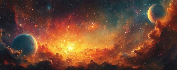 Wall Mural - Celestial scene depicting planets orbiting within a colorful galaxy, surrounded by shimmering stardust.