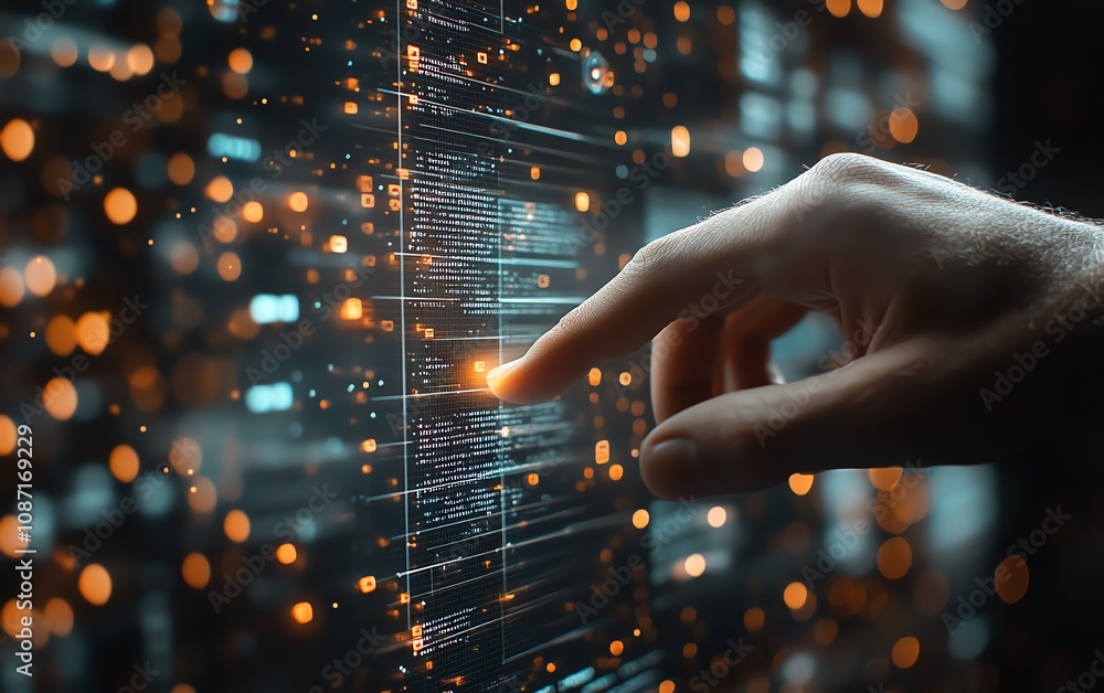 Persons hand interacting with a holographic interface, highlighting a ...