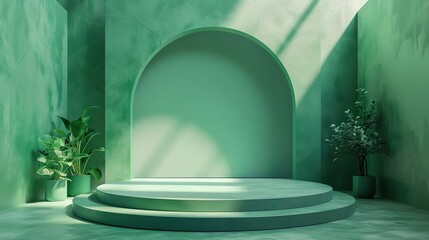 Wall Mural - Sleek Green 3D Podium Stage for Product Showcases and Presentations - Ideal for Modern and Stylish Product Displays