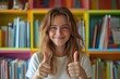 © ArtCraft - Enthusiastic young woman giving thumbs up in colorful library setting for learning and positive education concept