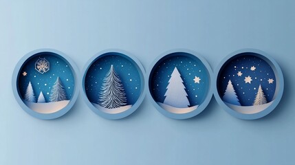 Poster - Festive winter scenes captured in four circular frames, showcasing paper-cut Christmas trees, stars, and snowflakes against a starry night sky backdrop.