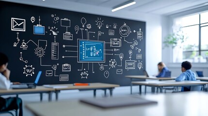 Fototapete - Innovative Virtual Classroom Concept Showcasing Students Connecting through Screens and Surrounded by Educational Icons and Symbols Highlighting the Role of Technology in Modern Learning Environments