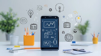 Leinwandbilder - of a smartphone screen displaying an online classroom setup featuring various educational technology icons representing different learning resources and academic subjects