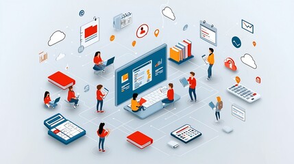 Poster - Creative design showcasing students interacting with digital screens and educational icons like calculators books and clouds