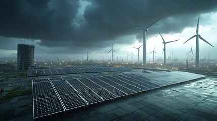 Leinwandbilder - Dramatic stormy sky backdrop with a large solar panel array and towering wind turbines representing the impact of climate change and the transition to renewable energy sources