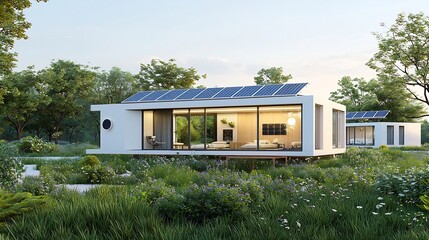 Aufkleber - Sleek modern solar powered eco home nestled amidst a vibrant verdant landscape conveying the harmony of sustainable living in the face of climate change