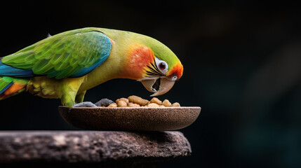 Wall Mural - Colorful parrot with vibrant green feathers eating from a wooden bowl filled with bird food, against a dark background