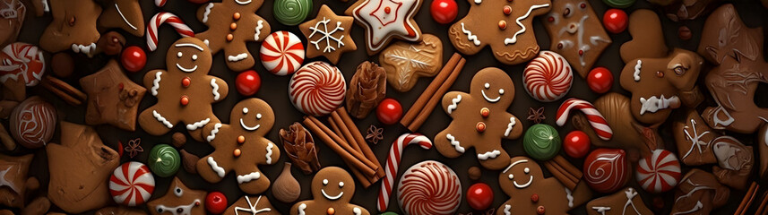 Wall Mural - Abstract background with Christmas gingerbread pieces and cookies on brown background. Horizontal composition.
