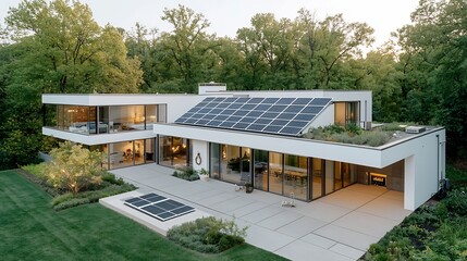 Wall Mural - Sustainable Suburban Home with Expansive Rooftop Solar Panel System and Advanced Battery Bank Achieving Net Zero Energy Consumption