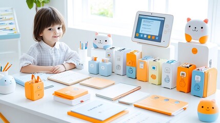 Poster - Digitally Empowered Student s Inviting Academic Workspace with Curated Stationery and Devices  A young learner immersed in a bright Scandinavian inspired classroom setting