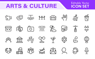 Arts and Culture Icon Set. High-quality icons for Museums, Music, Dance, Theater, Festivals, artistic Expression, Traditions, History, Crafts, and Creative Activities