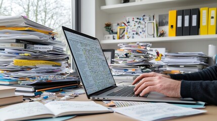 Aufkleber - Closeup of hands rapidly typing on a laptop intense visible surrounded by piles of reference materials and open books in a minimalist clean and naturally lit home office setting