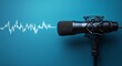 © paisorn - Microphone with sound waves on blue background, symbolizing audio content creation, features ample space for text at the top.
