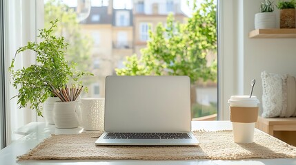 Aufkleber - Focused Remote Professional Working Productively in Serene Home Workspace Surrounded by Minimalist Decor and Natural Greenery