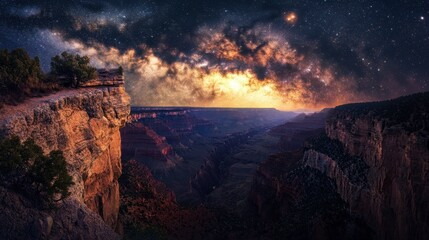 Wall Mural - Stars and the Milky Way galaxy shining brightly over a cliff edge, with a vast canyon stretching below.