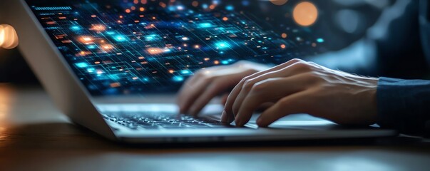 Leinwandbilder - Business person using a laptop with hands typing, digital icons for data security and document management floating above, cuttingedge generative AI interface