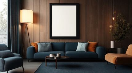 Sticker - Modern living room interior with a wooden accent wall, blue sofa, orange chairs, large floor lamp, and hanging lights, featuring a blank framed poster on the wall.