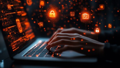 Leinwandbilder - Closeup of business person typing on a laptop, digital icons for online document management and security hovering above, generative AI technology