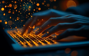 Poster - Closeup of hands typing on a laptop, digital icons floating above, representing online document management and data protection, generative AI technology