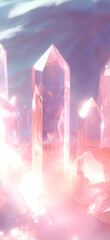 Aufkleber - Clear quartz crystals in the foreground surrounded by other gemstones sparkling in the sunlight. A magical atmosphere in pastel pink and white