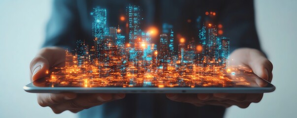 Fototapete - Double exposure of businessman s hand holding a tablet, office buildings seamlessly integrated within, white background, futuristic AI business concept