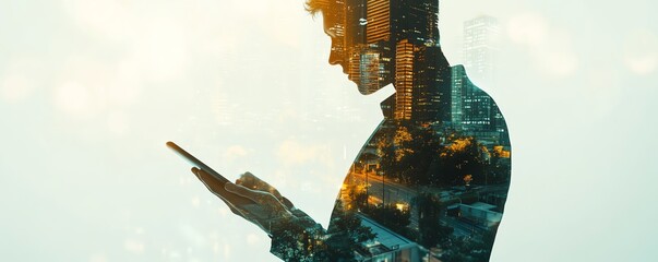 Poster - Double exposure of businessman s hand holding a tablet, office buildings seamlessly integrated within, white background, futuristic AI business concept