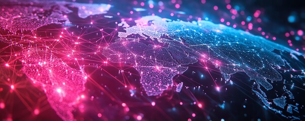Poster - Dynamic global business network design, featuring people and digital icons interconnected across continents, vibrant generative AI aesthetics, highresolution, modern visual appeal