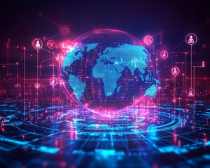 Leinwandbilder - Futuristic global network of business, digital connection lines linking people and AI icons, neon accents, immersive perspective, vibrant blue and purple hues