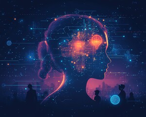 Aufkleber - Global digital network with interconnected people and AI icons, generative AI visual style, immersive world map, vibrant tones, sleek and modern design