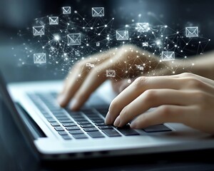 Poster - Hands typing on a laptop, floating digital icons representing online document management and data protection, modern generative AI business technology