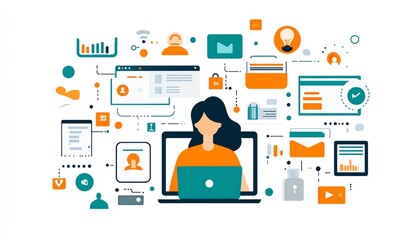 Leinwandbilder - Laptop user accessing an online document management system, digital documents and icons floating on the screen, modern generative AIdriven workspace