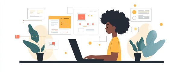 Leinwandbilder - Person using a laptop interface to create and manage digital documents, with icons representing text, images, and data points, generative AI concept