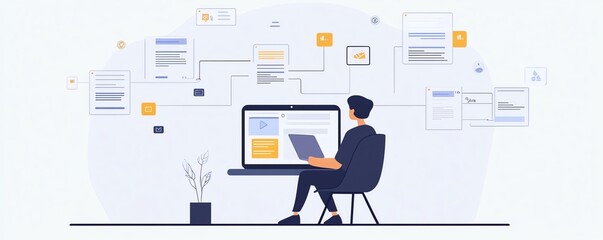 Fototapete - Person using a laptop to access an online document management system, with digital documents and floating icons around them, generative AI theme