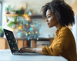 Leinwandbilder - Person using laptop to manage online documents, digital files and floating icons on the screen, futuristic generative AI user interface