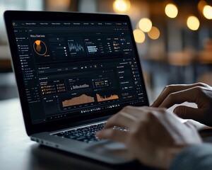 Leinwandbilder - Person using laptop to manage online documents, digital files and floating icons on the screen, futuristic generative AI user interface