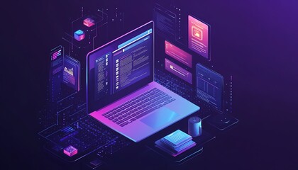 Leinwandbilder - User accessing online document management system on a laptop, digital documents and icons floating around, sleek and futuristic generative AI interface