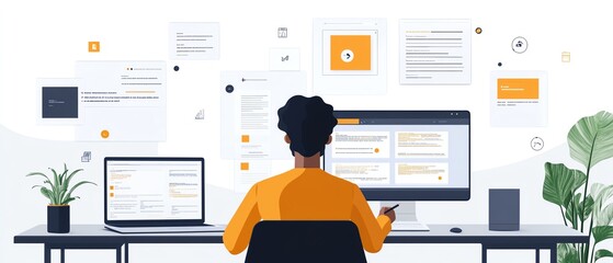 Fototapete - User managing digital documents via an online system on their laptop, icons for text, images, and data points floating around, generative AIinspired workspace