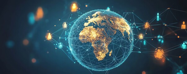 Aufkleber - AIdriven global business network, vibrant globe surrounded by interconnected people and digital icons, futuristic style, high contrast, global tech feel