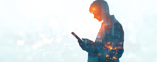Aufkleber - Businessman holding a tablet, digital cityscape double exposure on a white background, symbolizing business innovation and urban life, generative AI design
