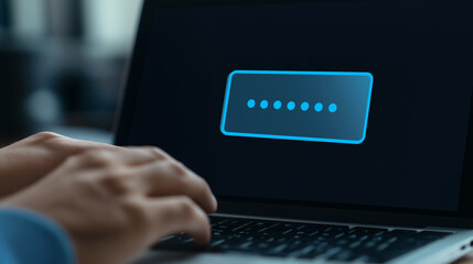 a person types on a laptop, with a floating password entry field filled with asterisks appearing abo