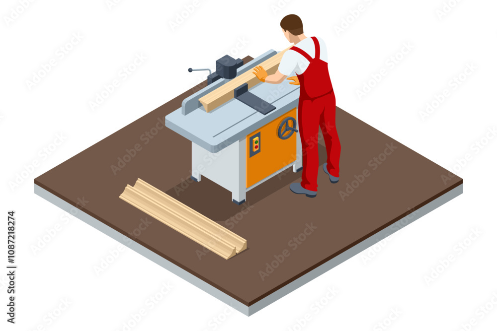 Isometric Milling machine. Professional carpenter cutting wood in the ...