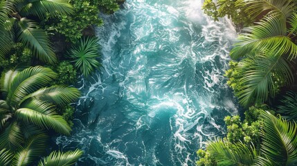 Wall Mural - aerial view of a vibrant river meandering through lush tropical vegetation in a serene natural setti