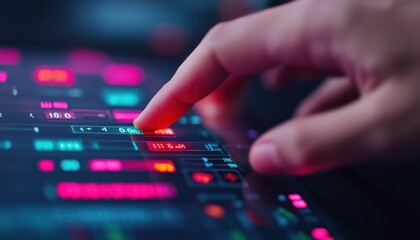 Wall Mural - a close-up of a hand interacting with a colorful touchscreen interface, showcasing vibrant data and 