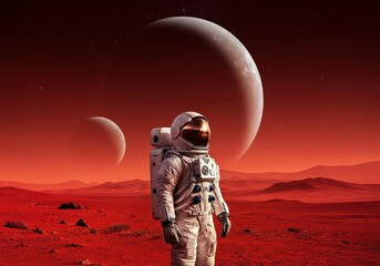 Wall Mural - astronaut in spacesuit walking on mars surface, exploring red planet landscape with large moons visi