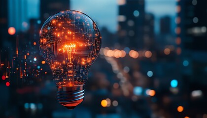 Poster - AI logo with a glowing holographic light bulb and circuit designs, against a blurred night cityscape background, generative AIpowered concept