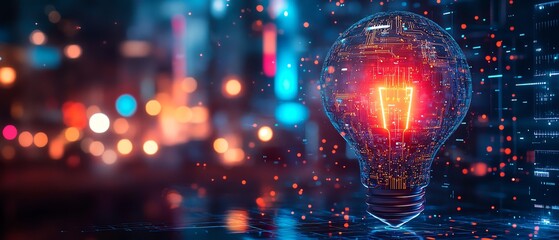 Poster - AI logo with holographic light bulb and circuits, glowing brightly against a blurred nighttime cityscape, generative AI illustration