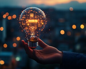 Poster - Digital innovation light bulb hologram with glowing lines and icons, held by a hand in business attire, with a blurred night cityscape background, generative AI