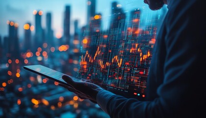 Aufkleber - Double exposure of a businessman holding a tablet with a growth graph, cityscape background, global business network concept, stock market exchange, generative AI design