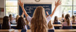 © Pics_With_Love - Enthusiastic Young Girl with Raised Hands in Classroom Setting, Engaging with Teacher and Students in Bright Learning Environment.