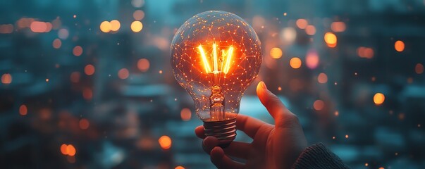 Poster - Futuristic business idea with hand holding a light bulb and digital interface, representing global online connection, blurred city night background, generative AI